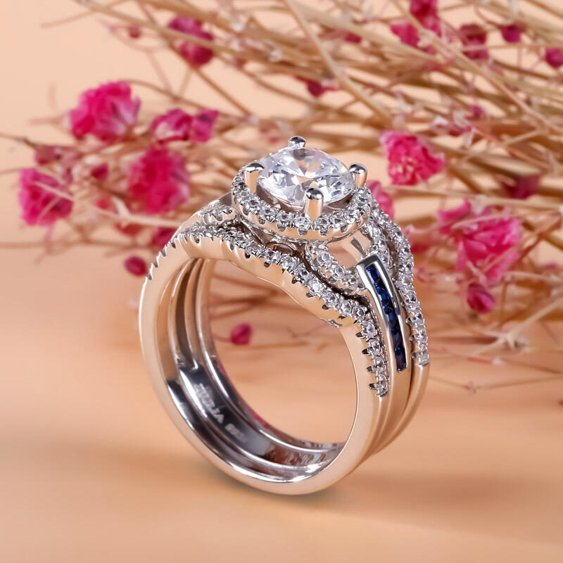 Jeulia 3PC Halo Round Cut Sterling Silver Ring Set