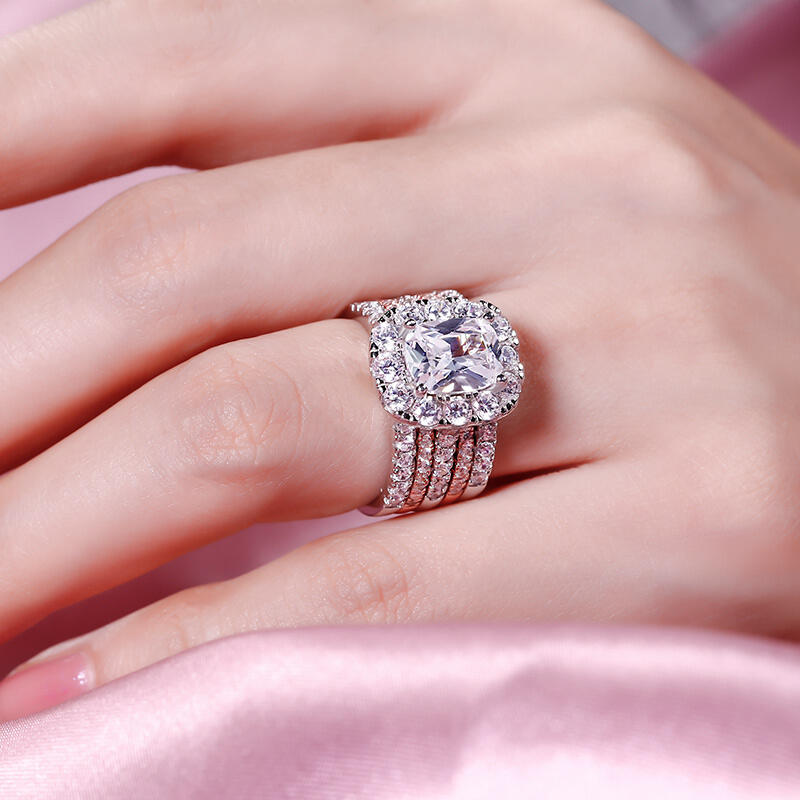 Jeulia Two Tone Halo Sterling Silver Ring Set