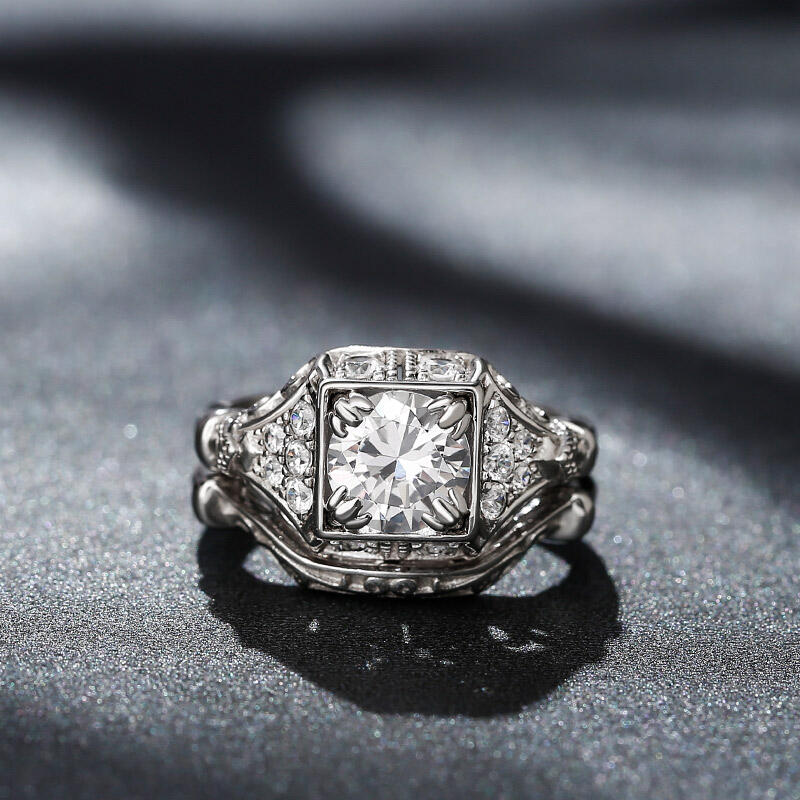 Jeulia Vintage Milgrain Round Cut Sterling Silver Ring Set