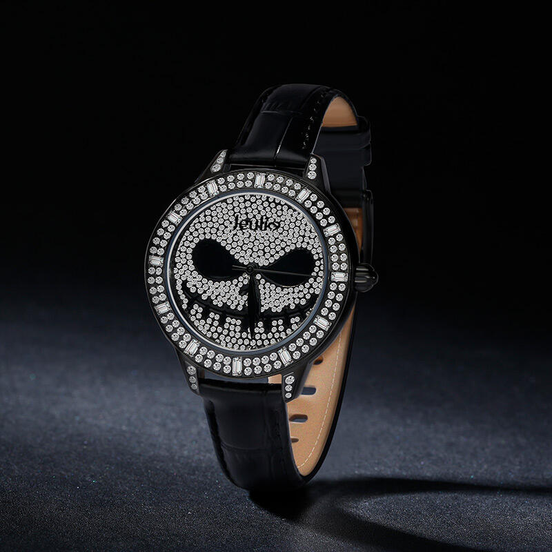 Jeulia "Patron Spirit of Halloween" Reloj De Mujer De Cuarzo Con Correa De Cuero Negro Y Diseño De Calavera