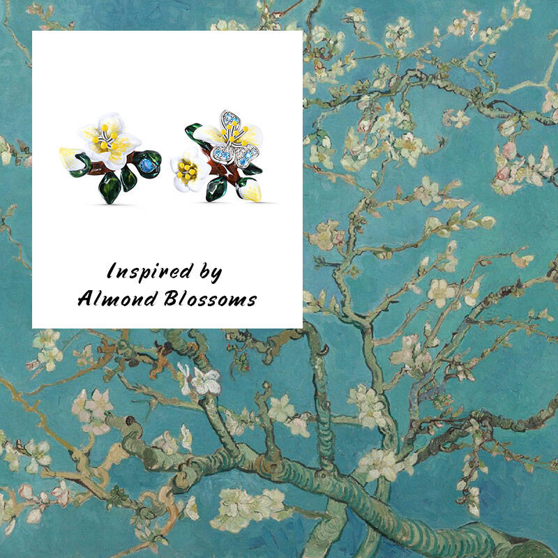 Jeulia Pendientes de Plata de Ley Estilo Esmalte con Flores de Almendro