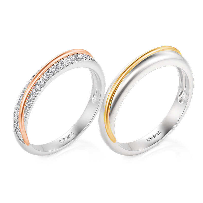 Jeulia Two Tone Slash Couple Ring Set Sterling Silver