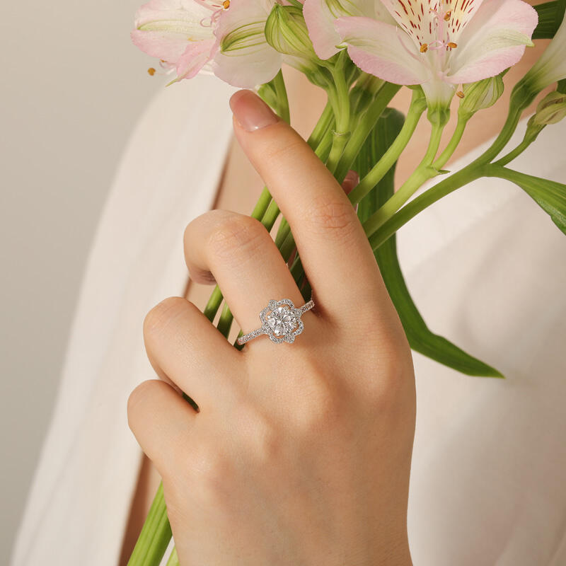 Jeulia Anillo de Compromiso Personalizado con Corte Redondo con Halo Hueco y Piedra de Nacimiento