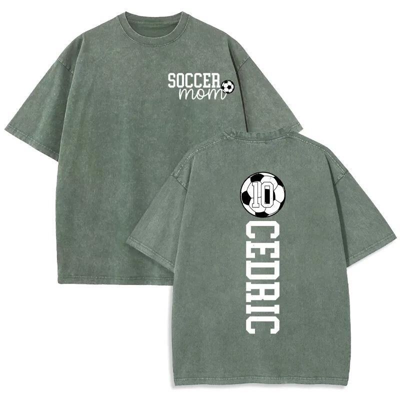 Personalized Washed T-shirt Soccer Mom Custom Name and Jersey Number Perfect Gift for Sports Lover