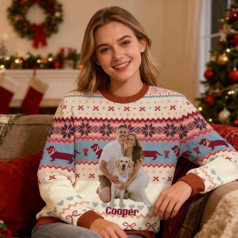 Personalized Ugly Sweater Unisex Custom Photo Dachshund Cute Pattern Design Christmas Gift for Pet Lovers