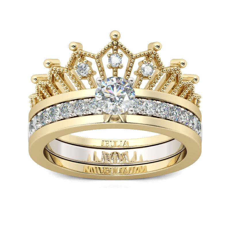 Jeulia Two Tone Crown Round Cut Sterling zilveren ringset
