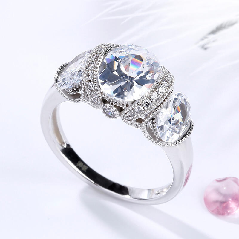 Jeulia Milgrain Three Stone Oval Cut Sterling Silver Ring