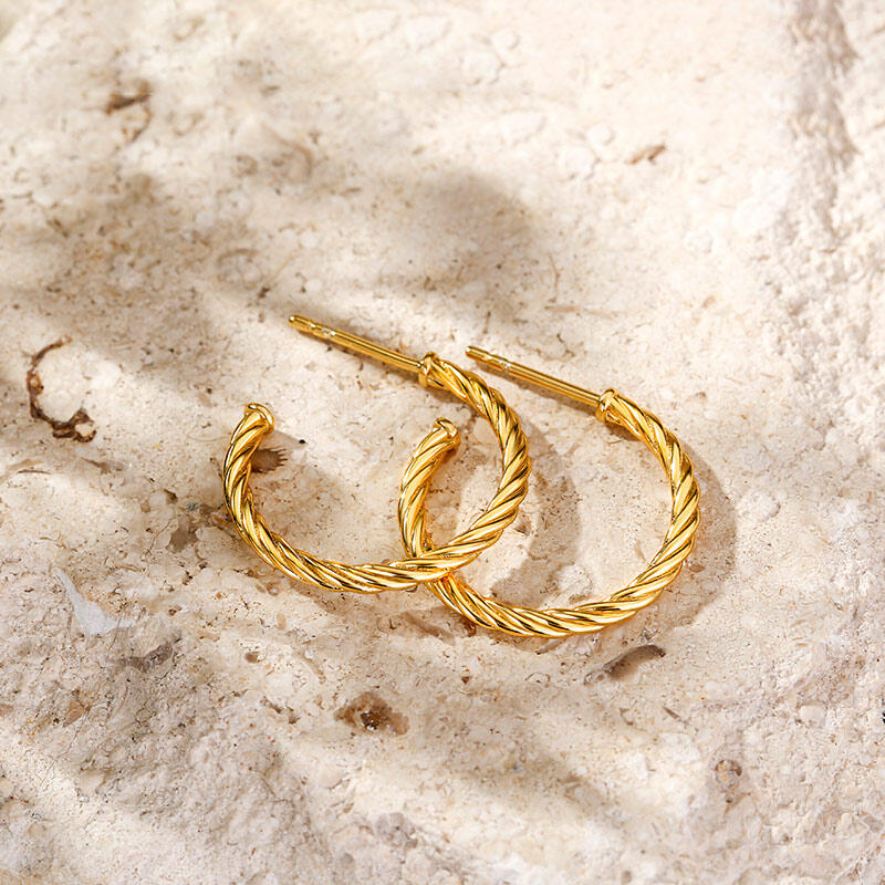 Jeulia Gold Tone Twisted Rope Sterling Silver Hoop Earrings
