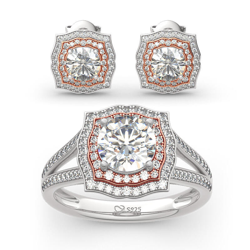 Jeulia Conjunto de joyas con halo redondo de dos tonos