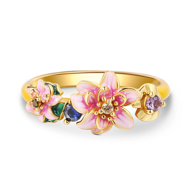 Jeulia "Tenderness in The Pond" Water Lilies Inspired Enamel Sterling Silver Ring