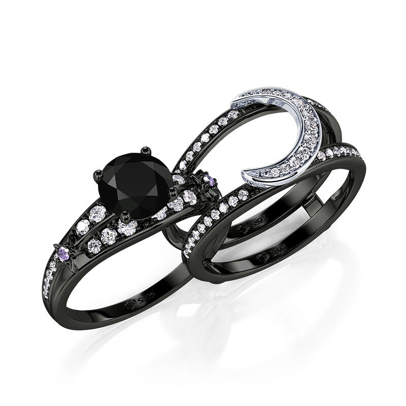 Jeulia Simple Black Moon and Star Ring Set