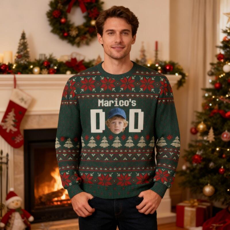 Personlig ful tröja unisex med anpassat huvudfoto och festivalmönster Design Julklapp till pappa Familj
