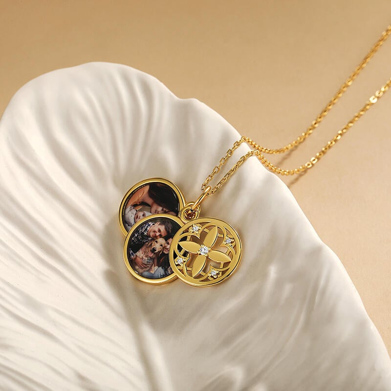 Custom Engraved Hollow Four Leaf Clover Photo Necklace