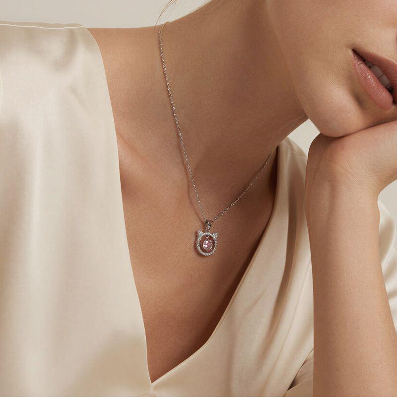 Hollow Cat Necklace with Pink Stone
