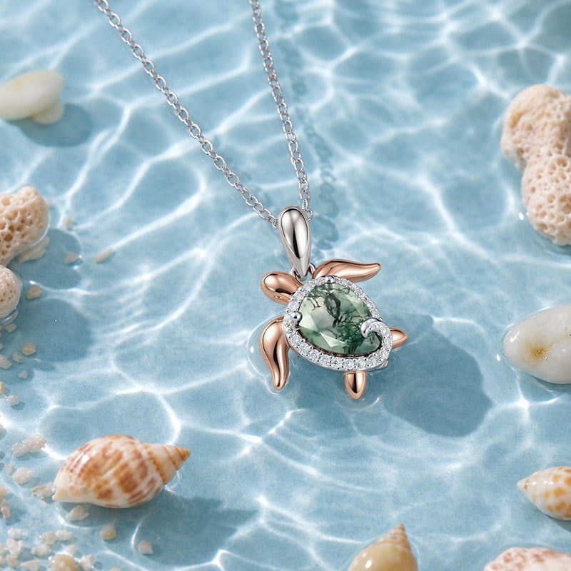 Two Tone Pear Cut Moss Agate Turtle Necklace
