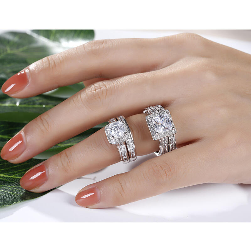 Jeulia Conjunto De Anillos Con Doble Halo De Talla Princesa En Plata De Ley