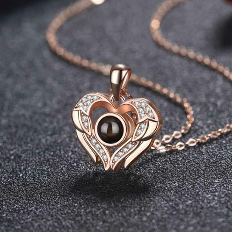 シルバー925 ハート&羽 投影 写真 写真入れ ネックレス