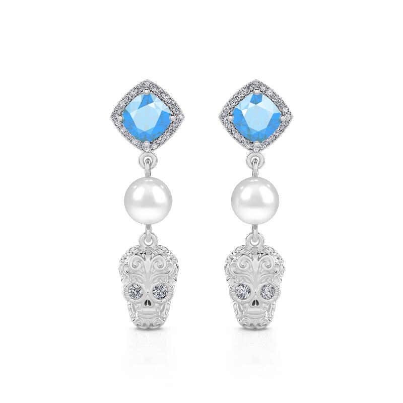 Jeulia "Departed Soul" Sugar Skull Cultured Pearl Sterling Silver Earrings
