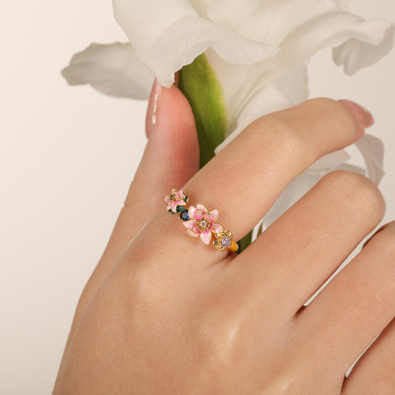 Jeulia "Tenderness in The Pond" Water Lilies Inspired Enamel Sterling Silver Ring