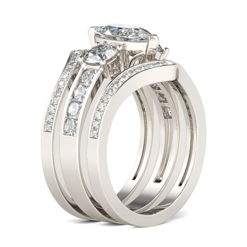 Jeulia Terno de anéis com três pedras lavradas marquês em prata de lei