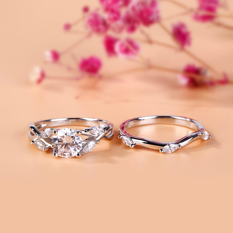 Jeulia Nature Inspired Round Cut Sterling Silver Ring Set