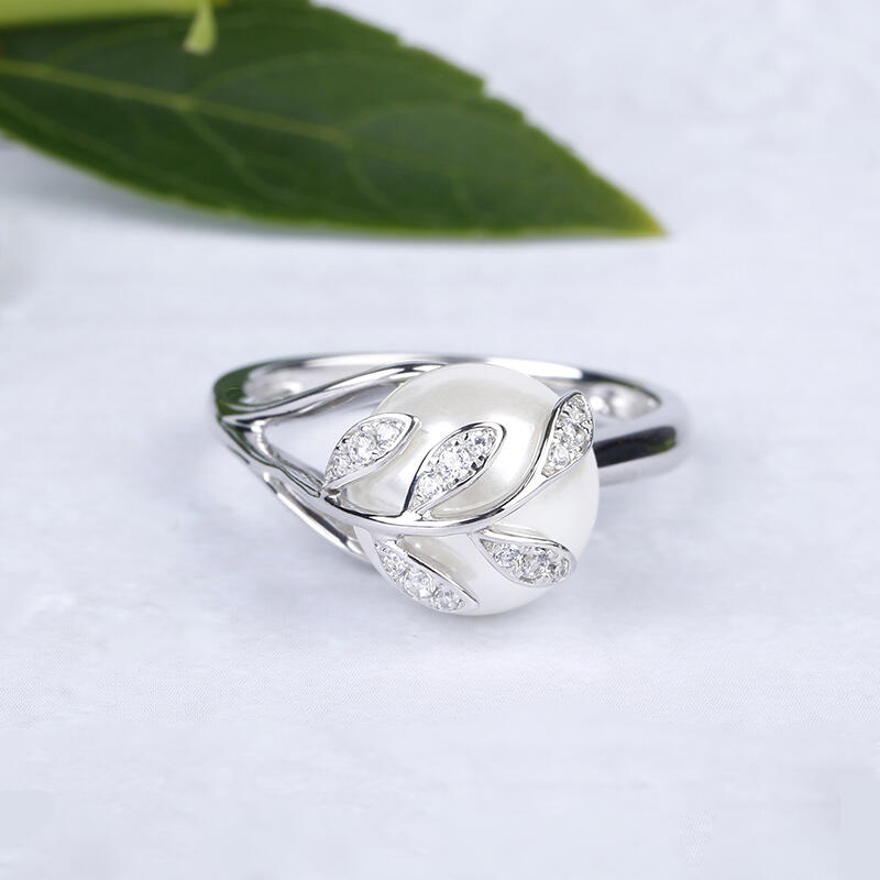 Jeulia Leaf Design Faux Pearl Sterling Silver Ring