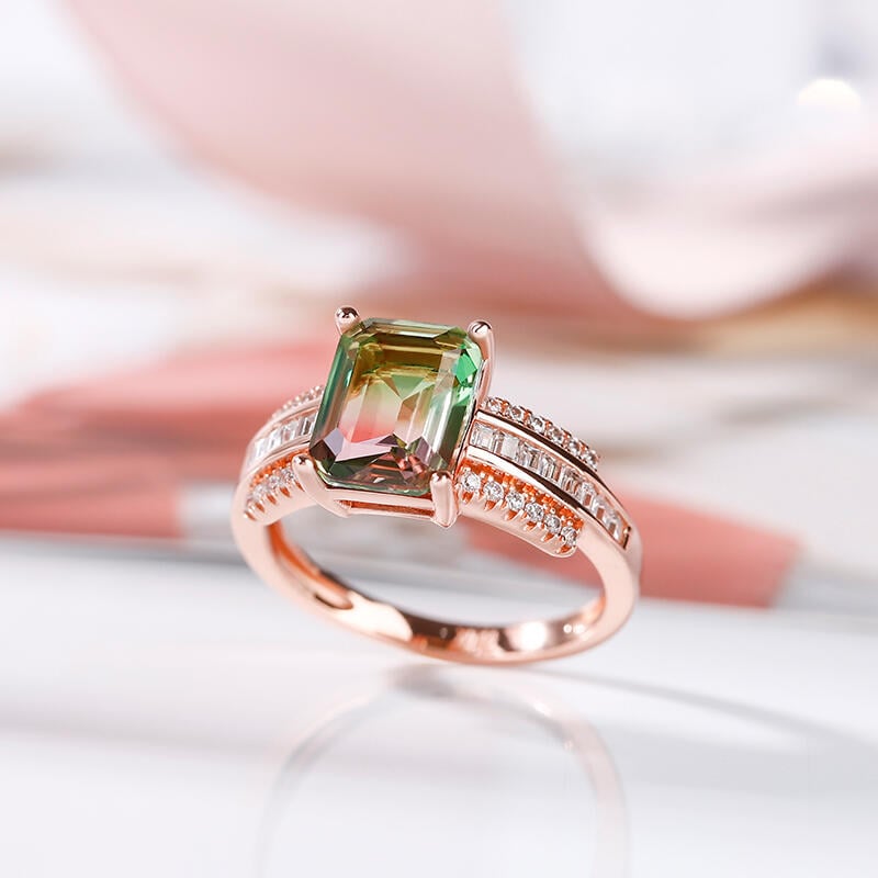 Watermelon Ring Tourmaline Emerald Cut Sterling Silver