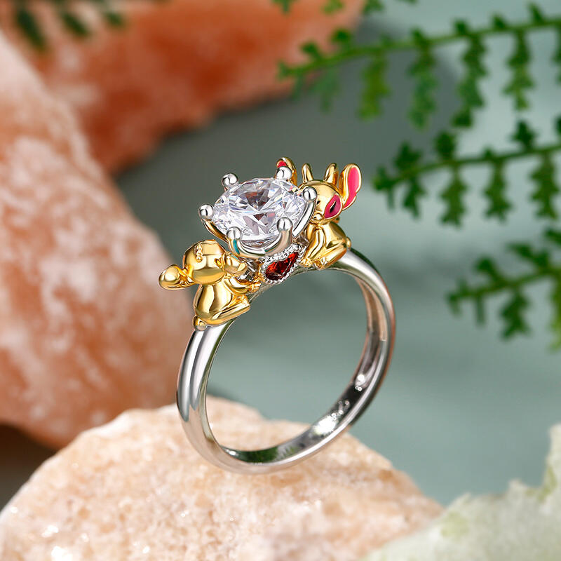 Jeulia Hug Me "Love Story" Little Monster Couple Round Cut Sterling Silver Ring