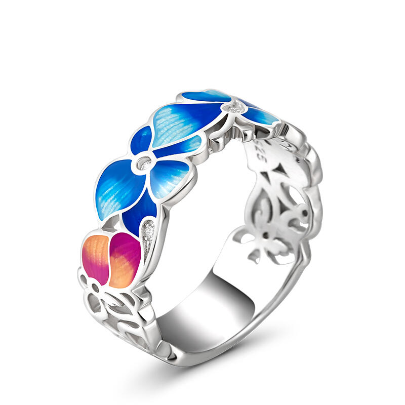 Jeulia Anillos de mujer de plata de ley con esmalte en forma de flores en rosa y azul