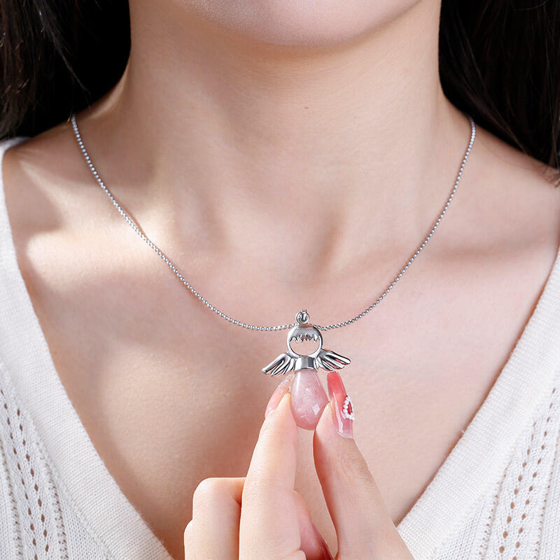 Jeulia "Loving Support" Angel Wings Natural Rose Quartz Necklace