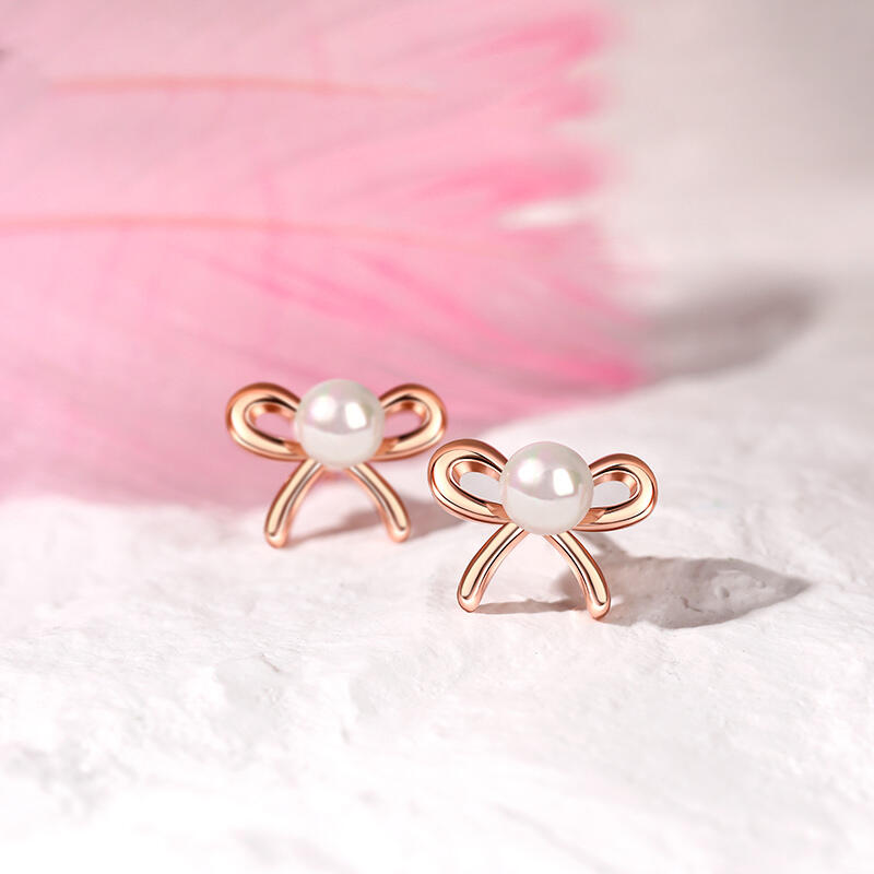 Jeulia "Ribbon Bow" Cultured Pearl Sterling Silver Children's Earrings