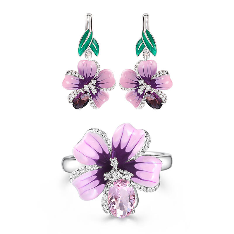 Jeulia "Freshness of Spring" Flower Enamel Sterling Silver Jewelry Set