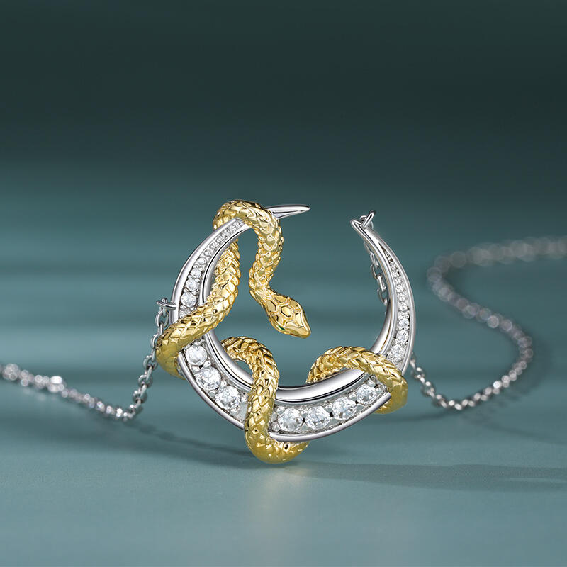 Jeulia "Golden Embrace" Snake & Moon Sterling Silver Necklace