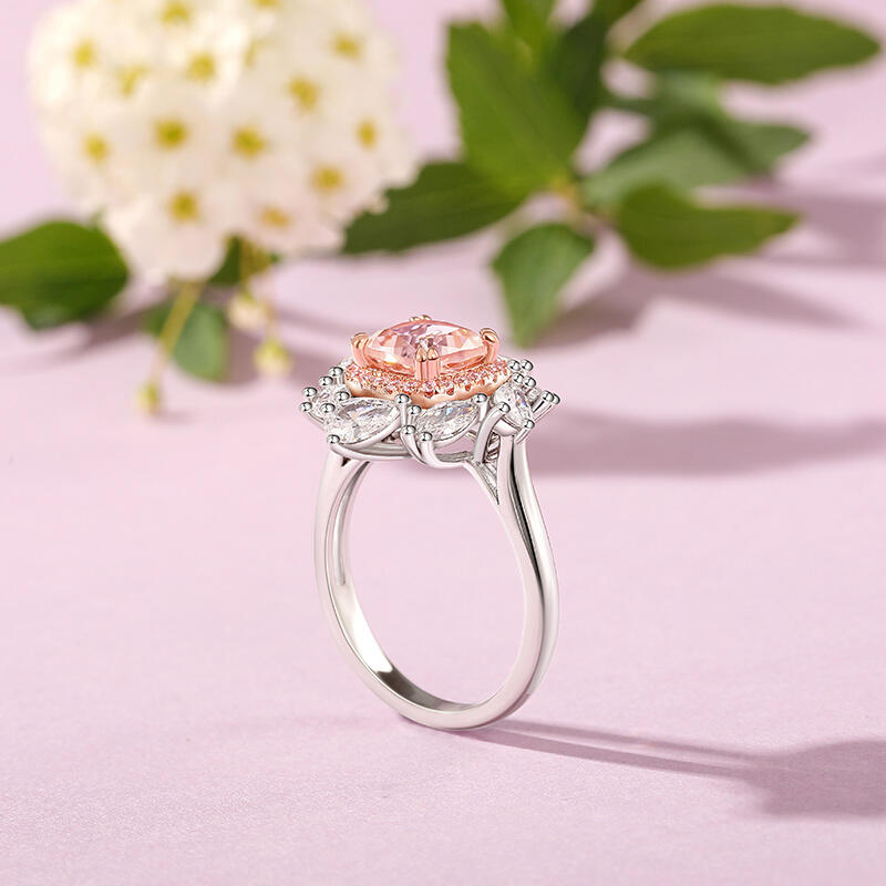 Jeulia Anillo de Cóctel Bicolor con Flor y Halo de Morganita en Plata de Ley