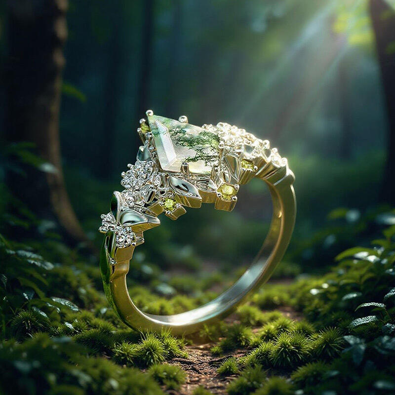 Jeulia Midsummer Night Pansy Flower Moss Agate Engagement Ring