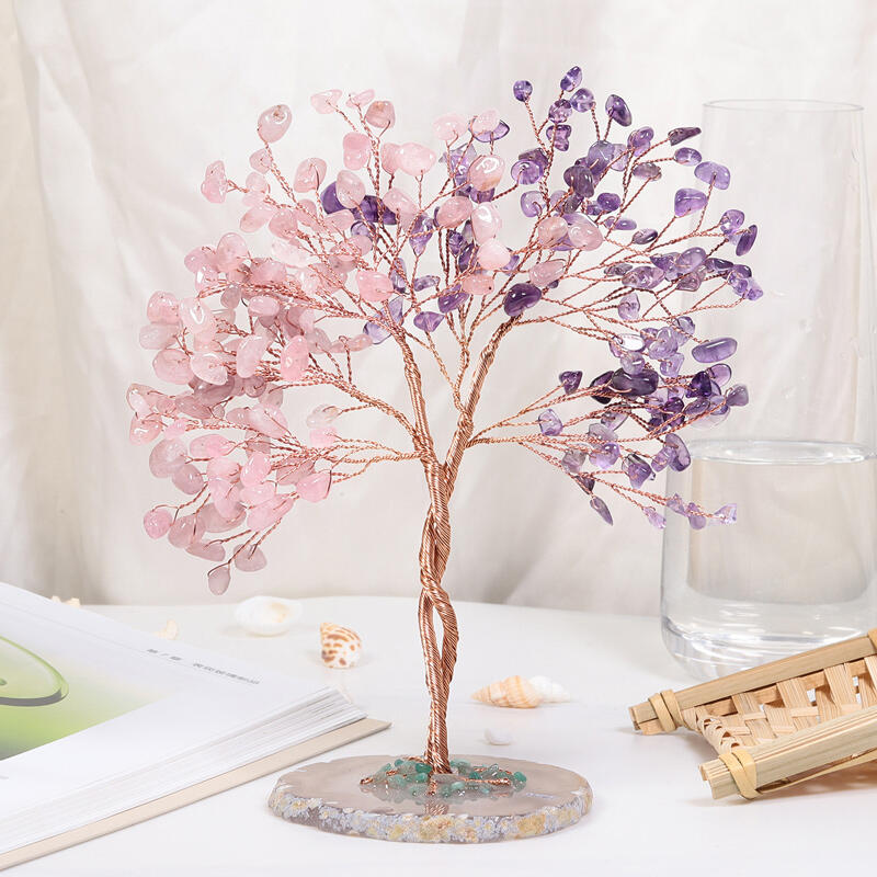 Jeulia Árbol Feng Shui de cristal natural con cuarzo rosa y amatista