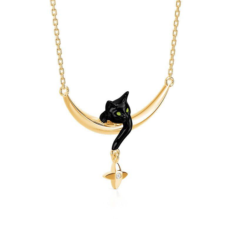 Jeulia Petland Black Cat Moon Necklace With Star Accent