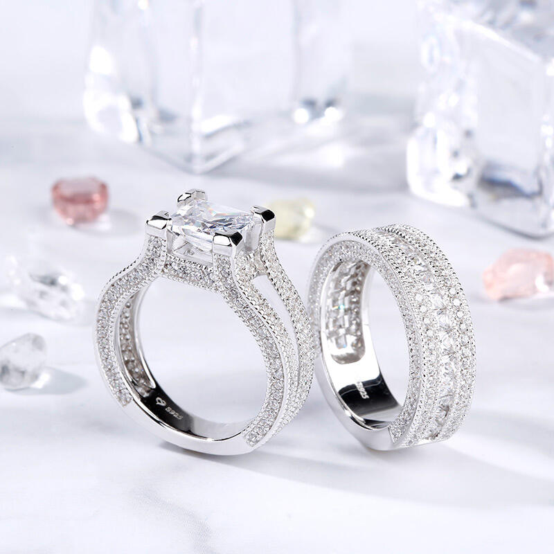 Jeulia Milgrain Princess Cut Sterling Silver Ring Set