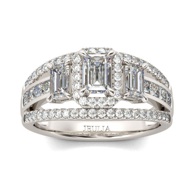 Jeulia Three Stone Halo Emerald Cut Sterling Silver Ring