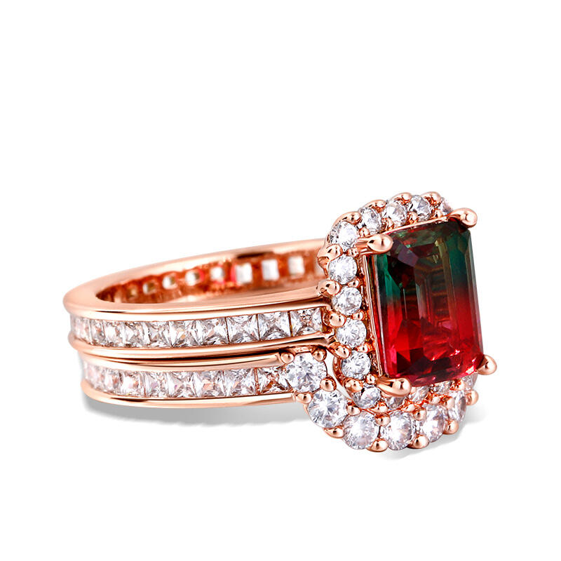 Jeulia Halo Emerald Cut Sterling Silver Watermelon Ring Set