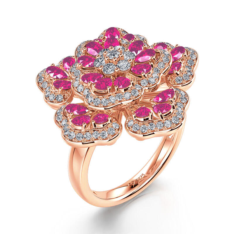 Jeulia Anillo grande mujer de plata de ley en tono oro rosa en flor