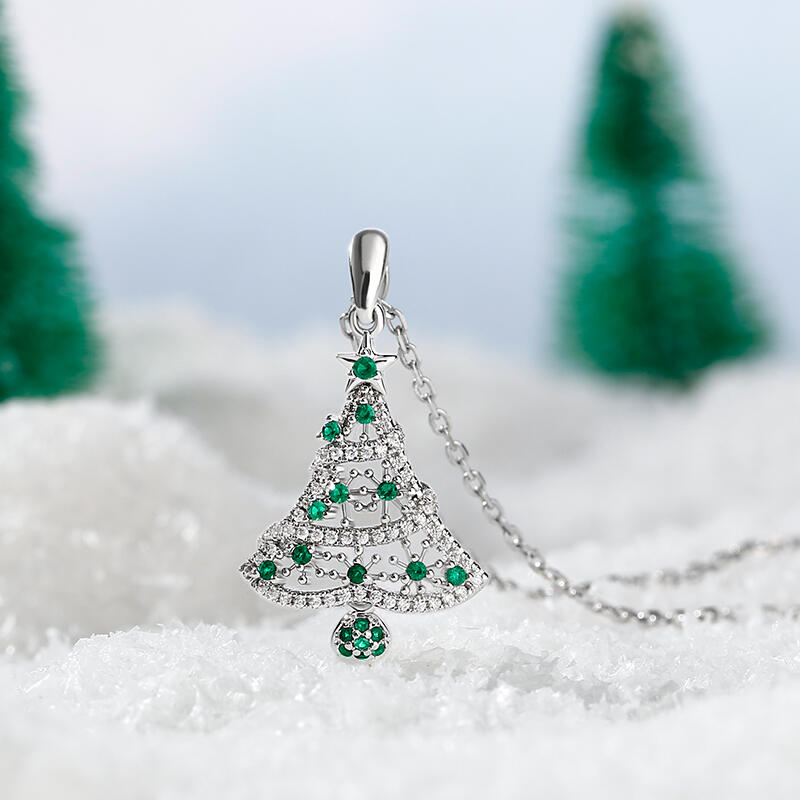 Jeulia "Happy Christmas" Christmas Tree Sterling Silver Necklace
