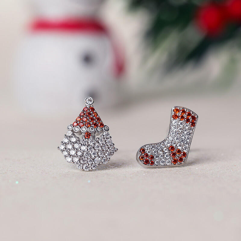 Jeulia "Santa Claus&Christmas Stocking" Sterling Silver Mismatched Stud Earrings