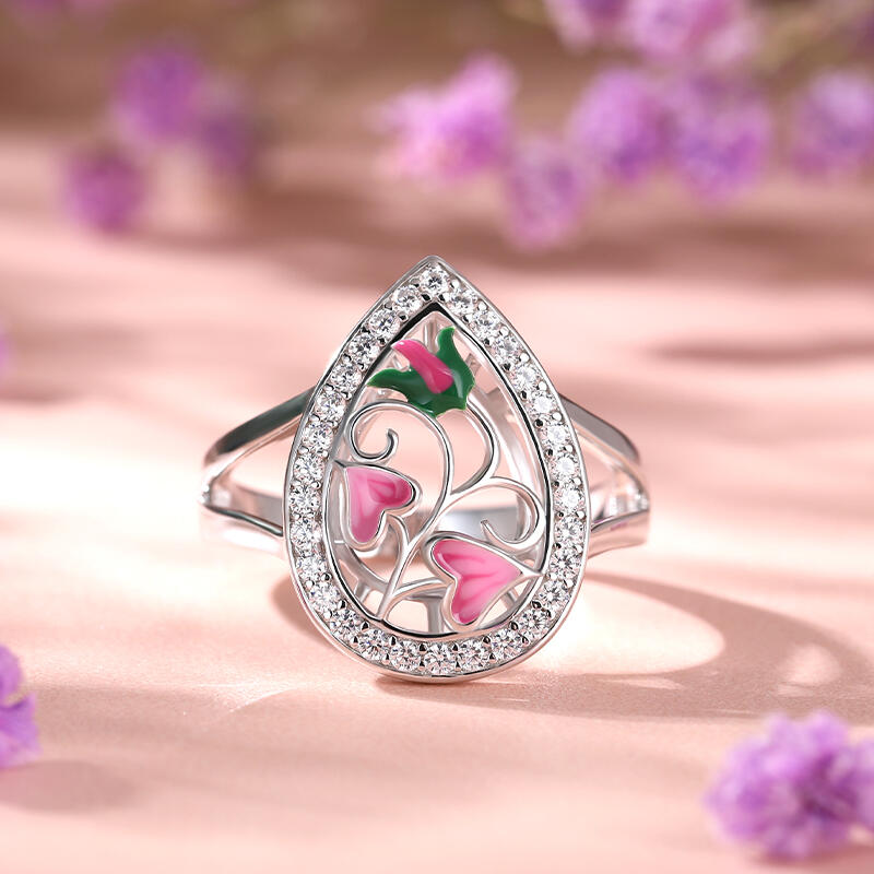 Jeulia Anillo para Mujer Grande de Plata Esmaltada Flor Rosa