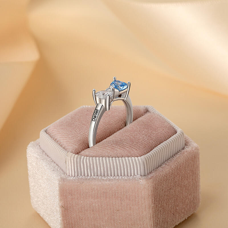 Jeulia Custom Name Double Heart Birthstone Ring with Knot Design