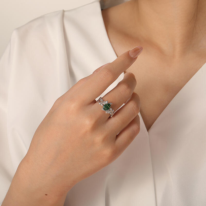 Jeulia Bague de Fiançailles en Agate Mousse Coupe Poire Bypass avec Feuille de Vigne