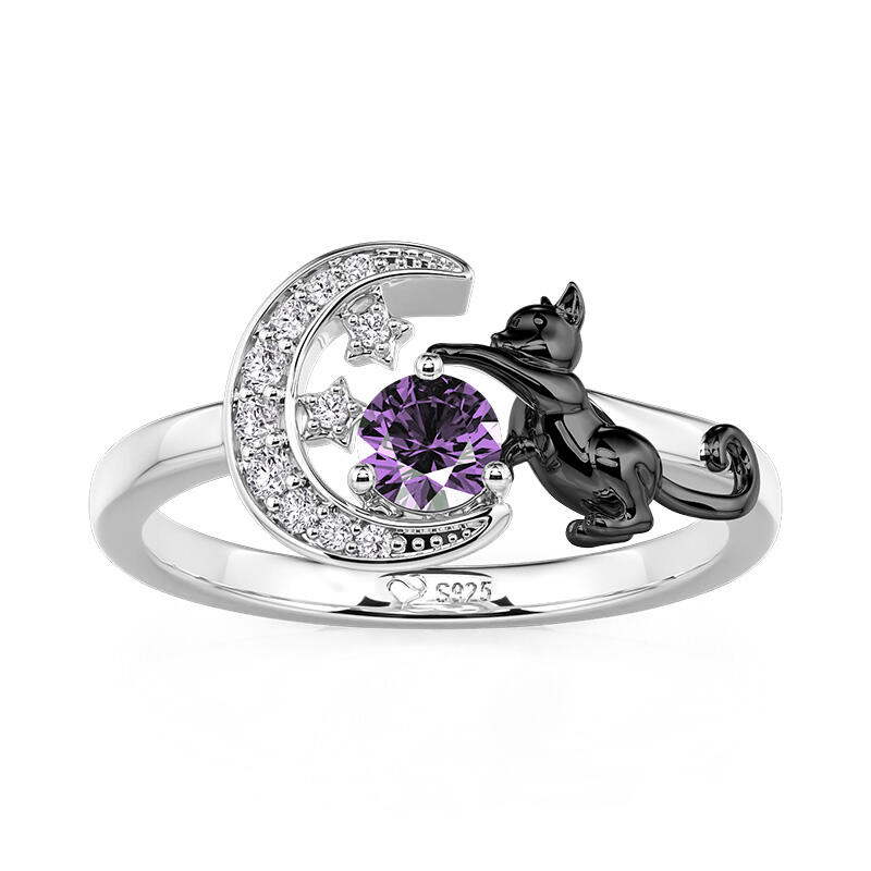 Jeulia Custom Black Cat Moon and Star Ring With Birthstone