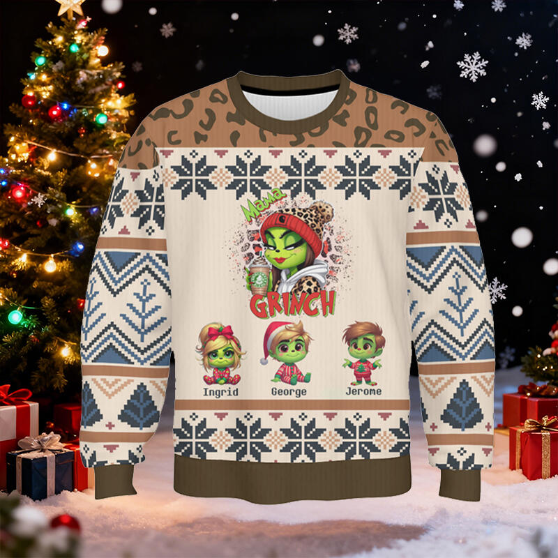 Personalized Ugly Sweater Unisex Mama Grinch Custom Kids Cartoon Design Perfect Christmas Gift for Dear Mom