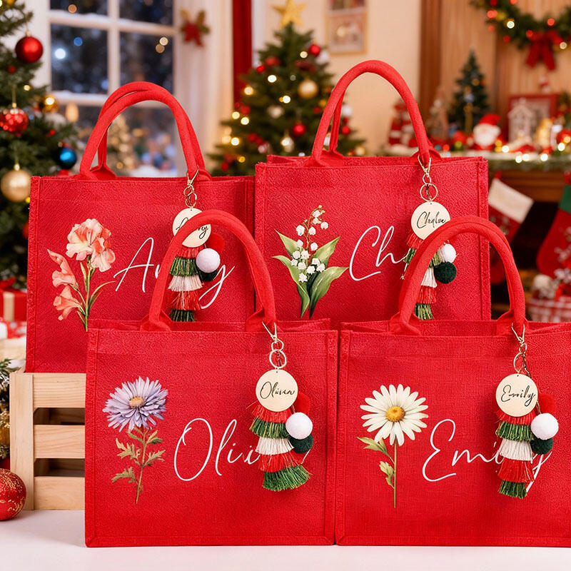 Personalized Name Christmas Gift Bags with Birthflower Pattern Beautiful Gift for Mother