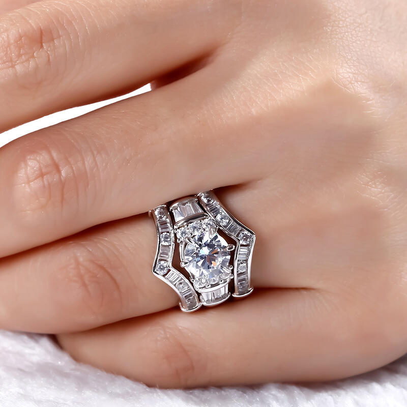 Jeulia 3PC Art Deco Round Cut Sterling Silver Ring Set